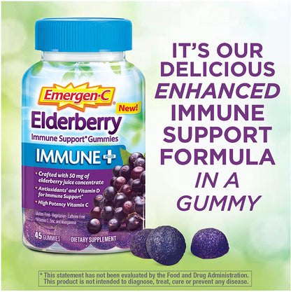 Emergen-C Immune+ Gummies (45 Count, Elderberry Flavor) Immune Support with 750mg Vitamin C, Plus Vitamin D and Zinc, Vegetarian, Caffeine Free, and Gluten Free Dietary Supplement