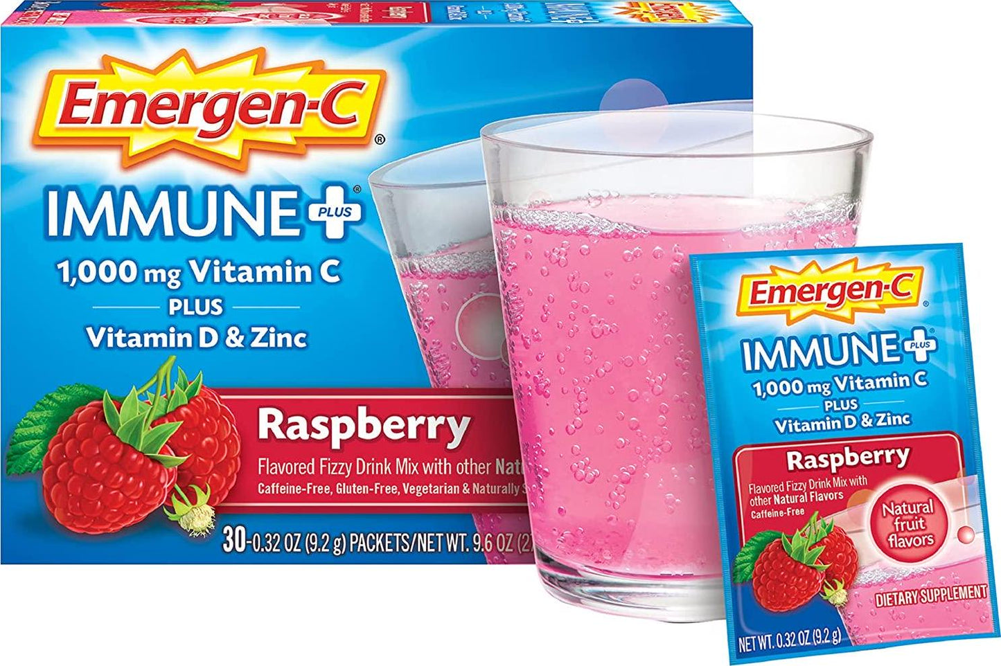 Emergen-C Immune+ System Support Dietary Supplement with Vitamin D (Raspberry Flavor, 30-Count 0.32 oz. Packets)