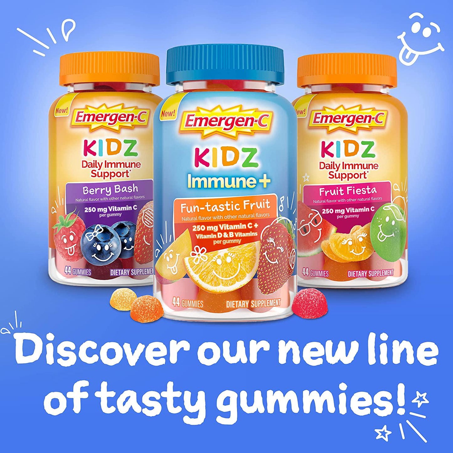 Emergen-C Kidz Immune + Support Dietary Supplements, Fun-Tastic Fruit Flavored Gummies with Vitamin C, B and D, 44 Count