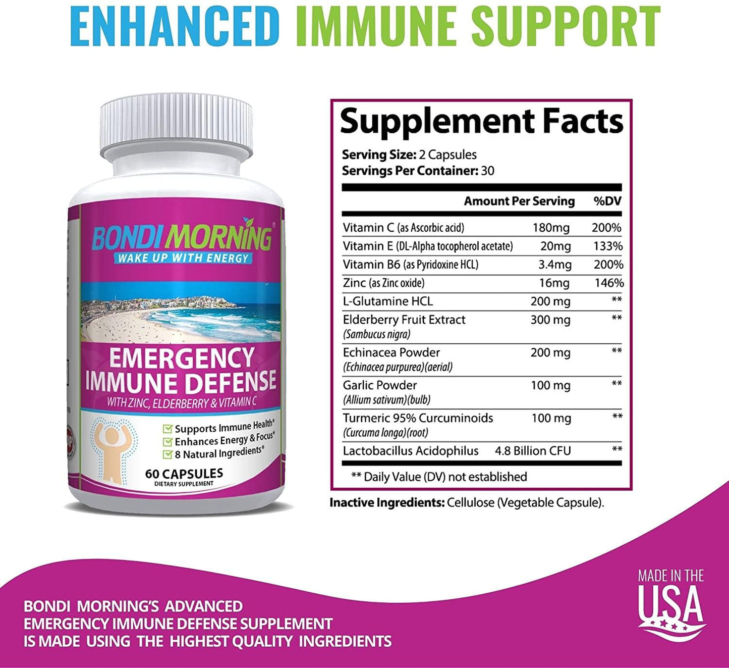 Emergency Immunity Support Vitamins Supplements – Vitamin C with Zinc Tablets + Elderberry Extract Bolster Immune System Response, Digestive Health, Energy, and Focus by Bondi Morning, 60-Count