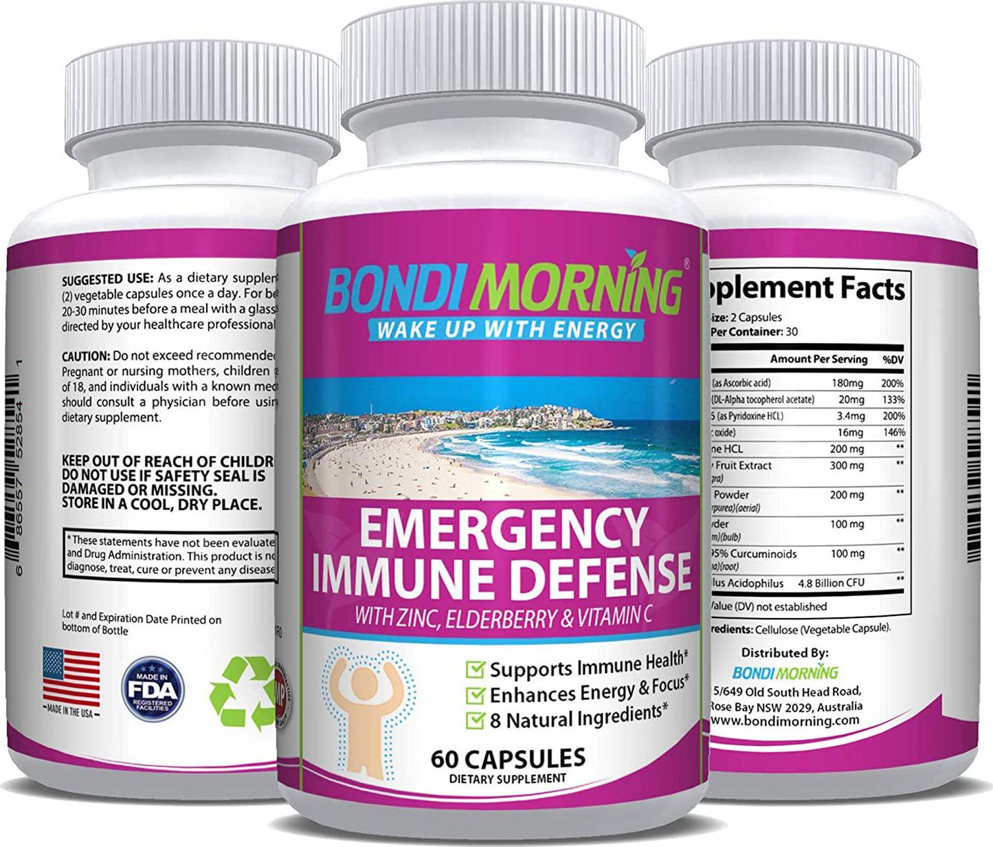Emergency Immunity Support Vitamins Supplements – Vitamin C with Zinc Tablets + Elderberry Extract Bolster Immune System Response, Digestive Health, Energy, and Focus by Bondi Morning, 60-Count