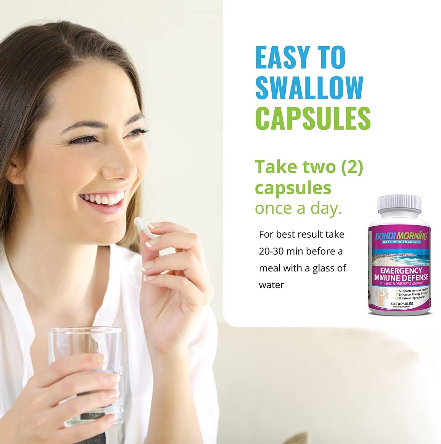 Emergency Immunity Support Vitamins Supplements – Vitamin C with Zinc Tablets + Elderberry Extract Bolster Immune System Response, Digestive Health, Energy, and Focus by Bondi Morning, 60-Count