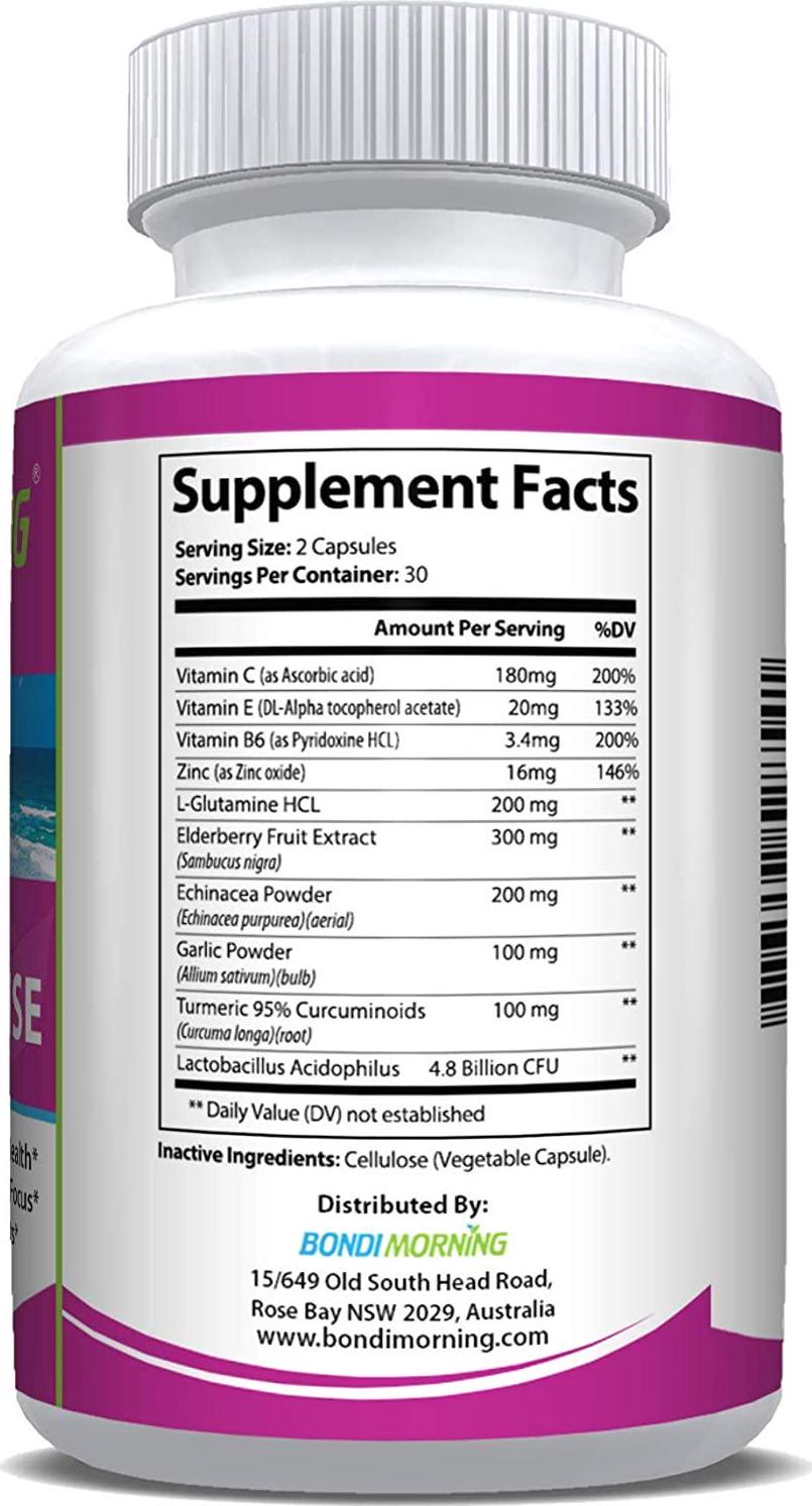 Emergency Immunity Support Vitamins Supplements – Vitamin C with Zinc Tablets + Elderberry Extract Bolster Immune System Response, Digestive Health, Energy, and Focus by Bondi Morning, 60-Count