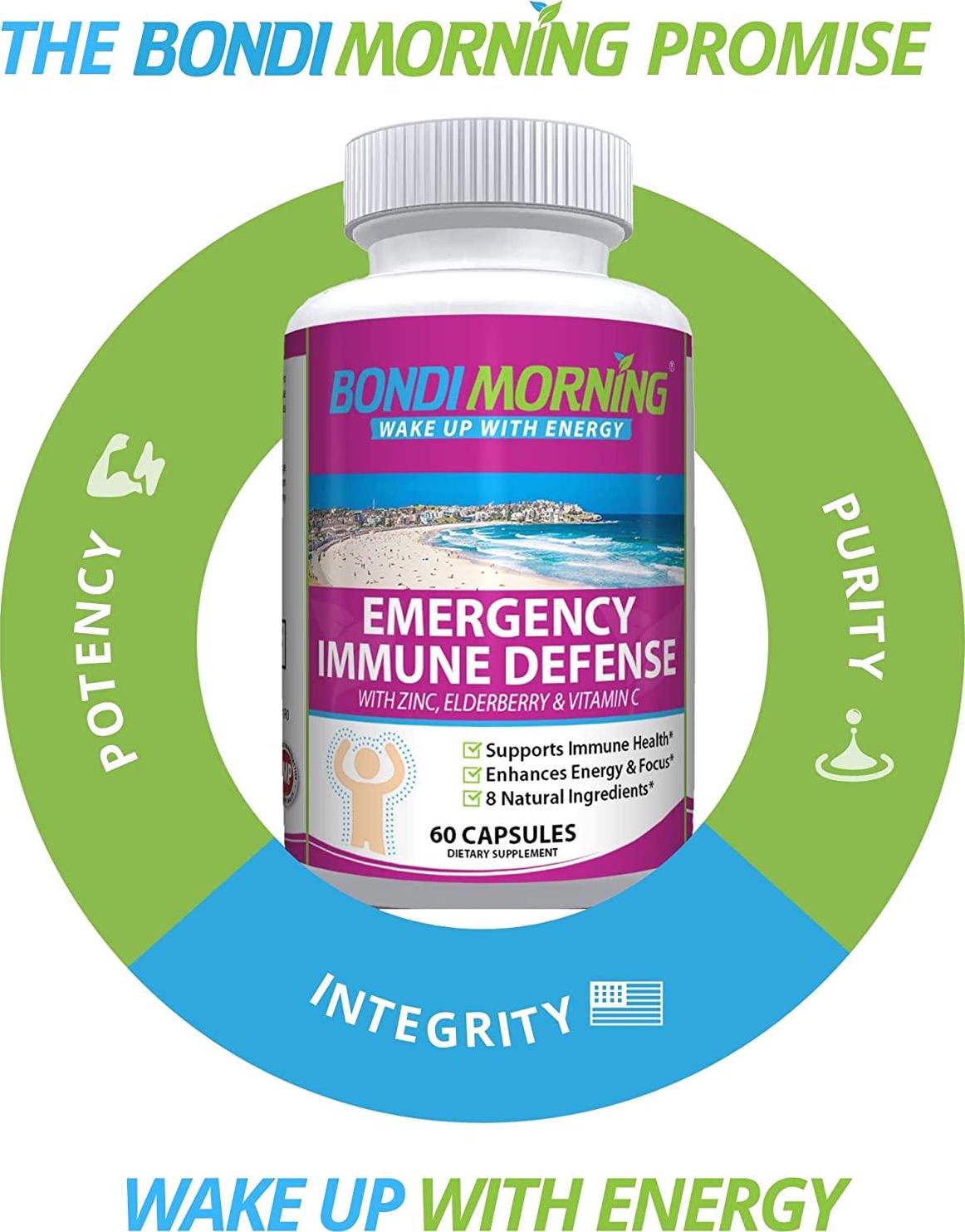 Emergency Immunity Support Vitamins Supplements – Vitamin C with Zinc Tablets + Elderberry Extract Bolster Immune System Response, Digestive Health, Energy, and Focus by Bondi Morning, 60-Count