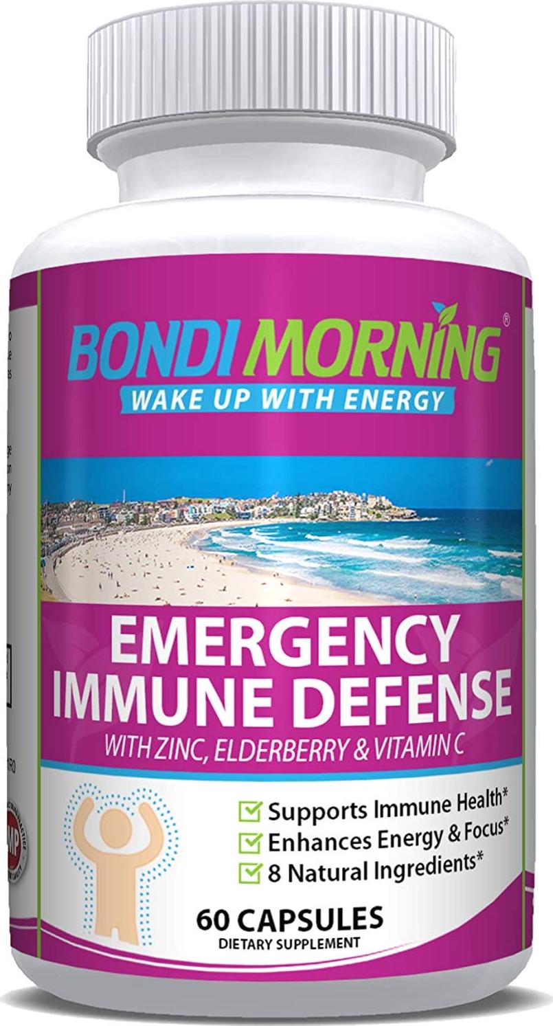 Emergency Immunity Support Vitamins Supplements – Vitamin C with Zinc Tablets + Elderberry Extract Bolster Immune System Response, Digestive Health, Energy, and Focus by Bondi Morning, 60-Count