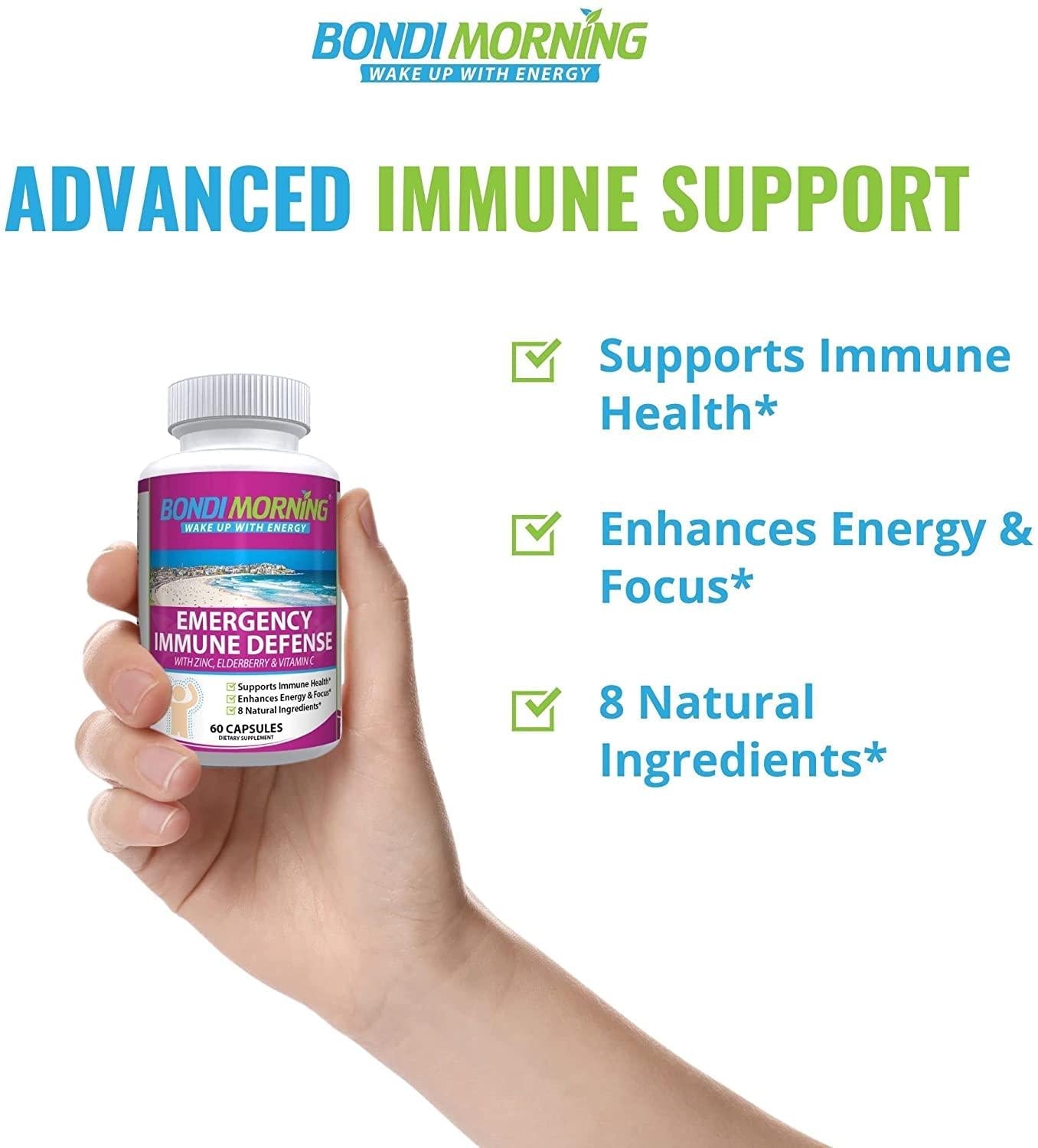 Emergency Immunity Support Vitamins Supplements – Vitamin C with Zinc Tablets + Elderberry Extract Bolster Immune System Response, Digestive Health, Energy, and Focus by Bondi Morning, 60-Count