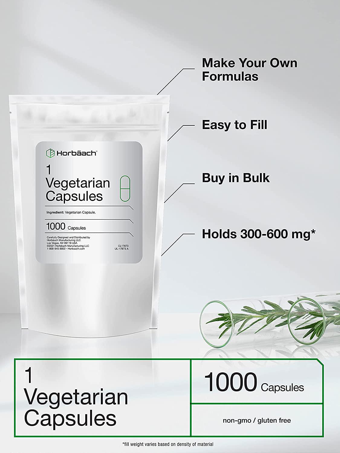 Empty Vegetarian Capsules Size 1 | 1000 Count | Clear Vegetable Capsule | Non-GMO, Gluten Free | by Horbaach