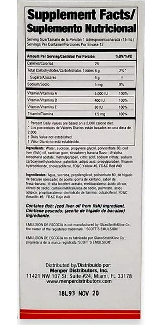 Emulsion de Escocia. Cod Liver Oil Dietary Supplement. Rich in Vitamins A, D, E and B1. Strawberry and Banana Flavour. 6.5 Fl.Oz / 192 mL. Pack of 3