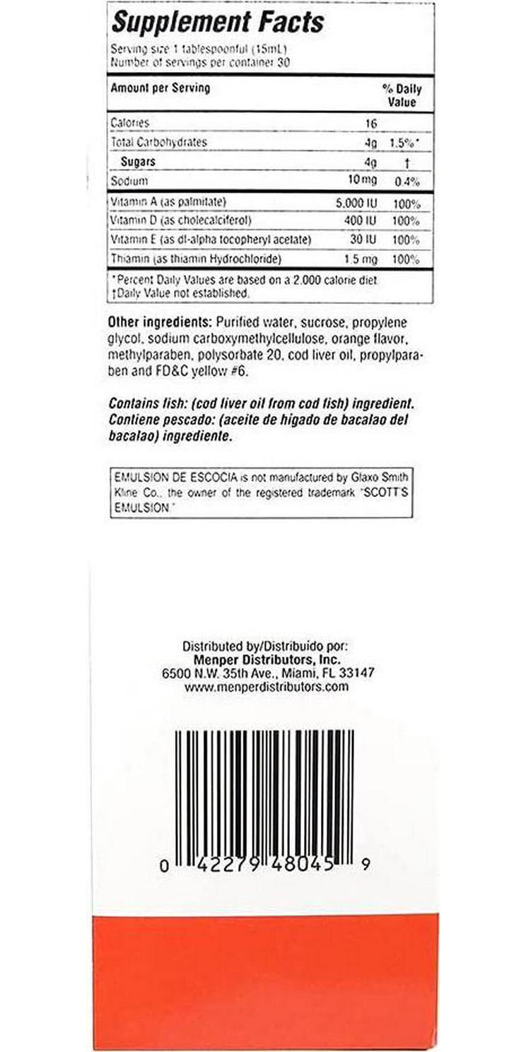 Emulsion de Escocia, Cod Liver Oil to Enhance Your Children Immune System, Vitamins A and D, Vitamins E and B1, Dietary Supplement, Flavor, Bottle, Orange, 15.3 Oz