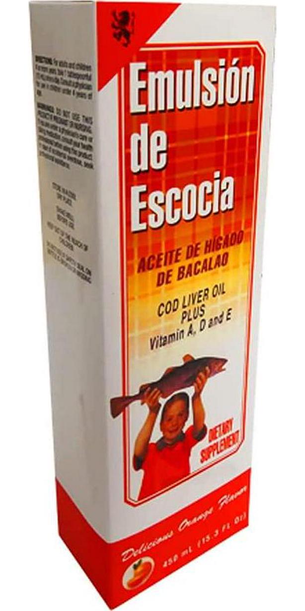 Emulsion de Escocia, Cod Liver Oil to Enhance Your Children Immune System, Vitamins A and D, Vitamins E and B1, Dietary Supplement, Flavor, Bottle, Orange, 15.3 Oz