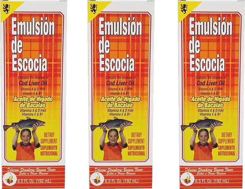 Emulsion de Escocia. Cod Liver Oil Dietary Supplement. Rich in Vitamins A, D, E and B1. Strawberry and Banana Flavour. 6.5 Fl.Oz / 192 mL. Pack of 3