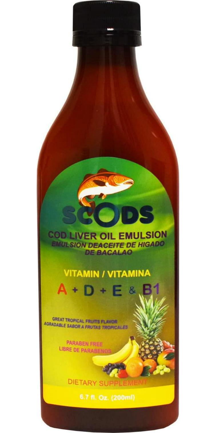 Emulsion de Scods Frutas Tropicales Cod Liver Oil Emulsion Tropical Fruits 200ml Vitamin A + D + E and B1