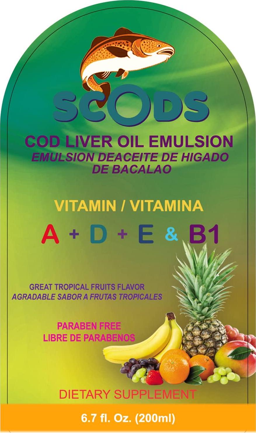 Emulsion de Scods Frutas Tropicales Cod Liver Oil Emulsion Tropical Fruits 200ml Vitamin A + D + E and B1