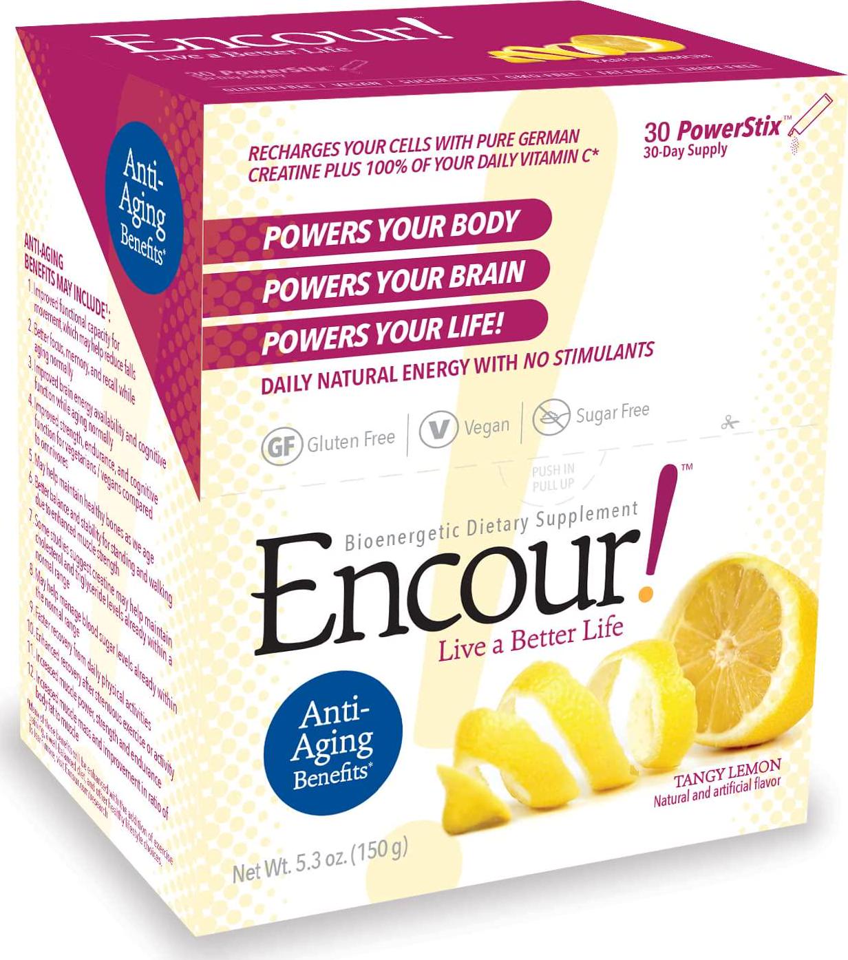 Encour! Bioenergetic Anti-Aging Supplement | Single-Serve Drink Powder Packs | 30 Day Supply (Tangy Lemon)
