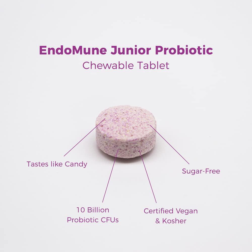 EndoMune Jr Advanced Kids Probiotic and Prebiotic | 10 Billion CFUs | 4 Strains Bacteria and FOS Prebiotic | Physician Formulated | 30 Chewable Tablets