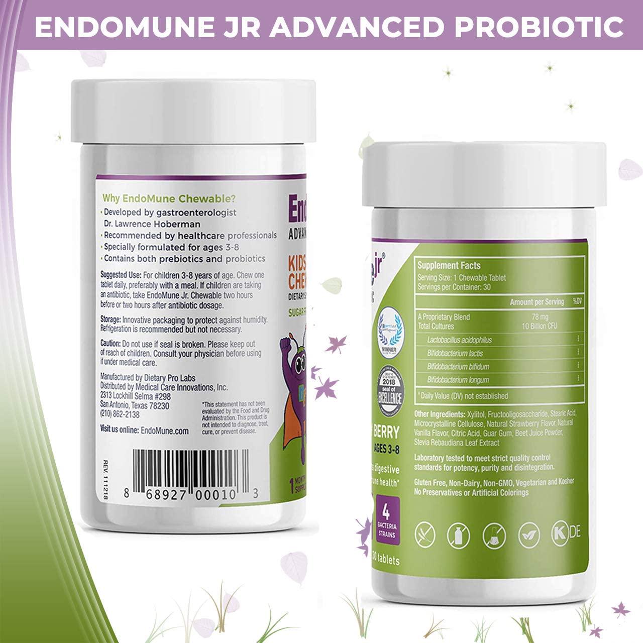 EndoMune Jr Advanced Kids Probiotic and Prebiotic | 10 Billion CFUs | 4 Strains Bacteria and FOS Prebiotic | Physician Formulated | 30 Chewable Tablets