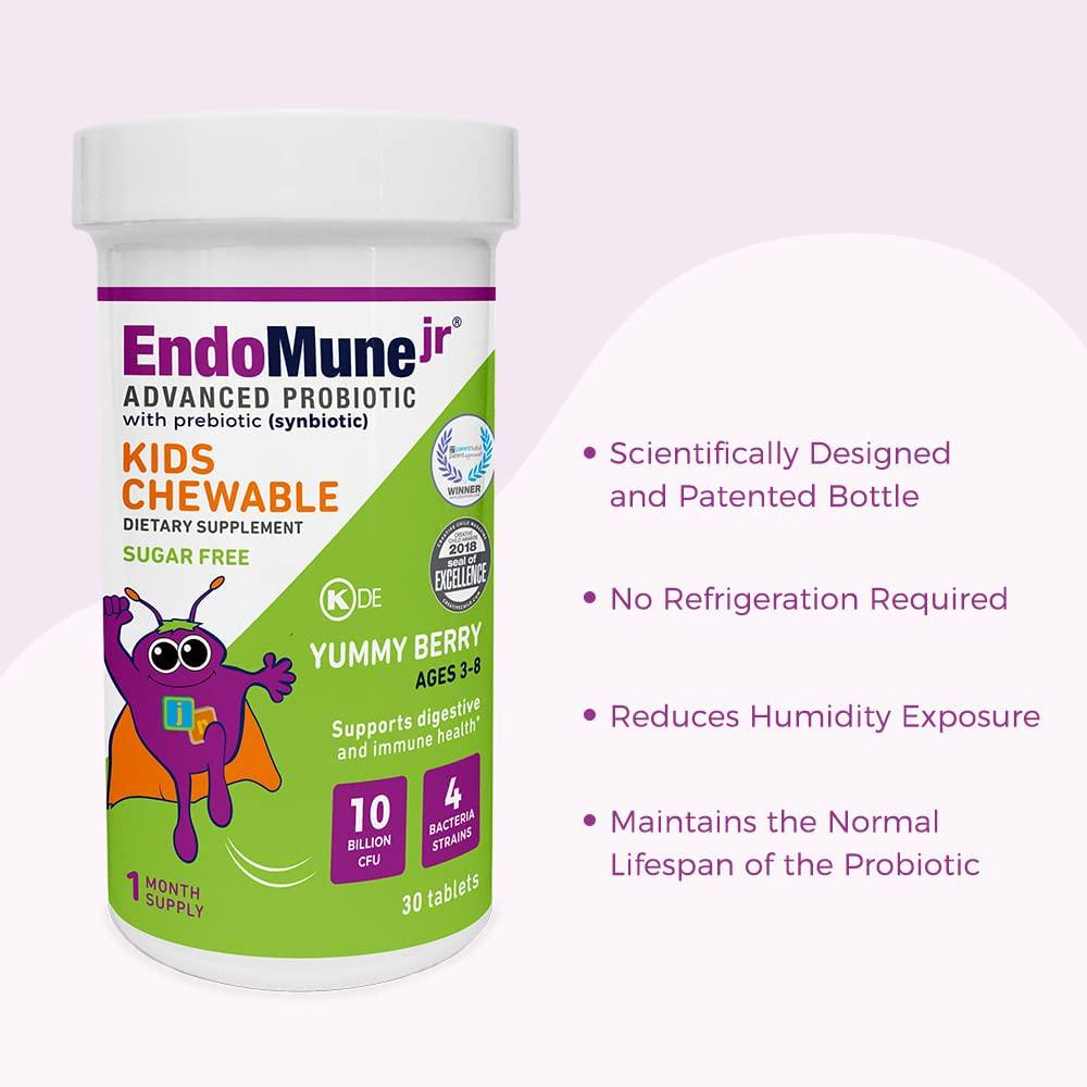EndoMune Jr Advanced Kids Probiotic and Prebiotic | 10 Billion CFUs | 4 Strains Bacteria and FOS Prebiotic | Physician Formulated | 30 Chewable Tablets