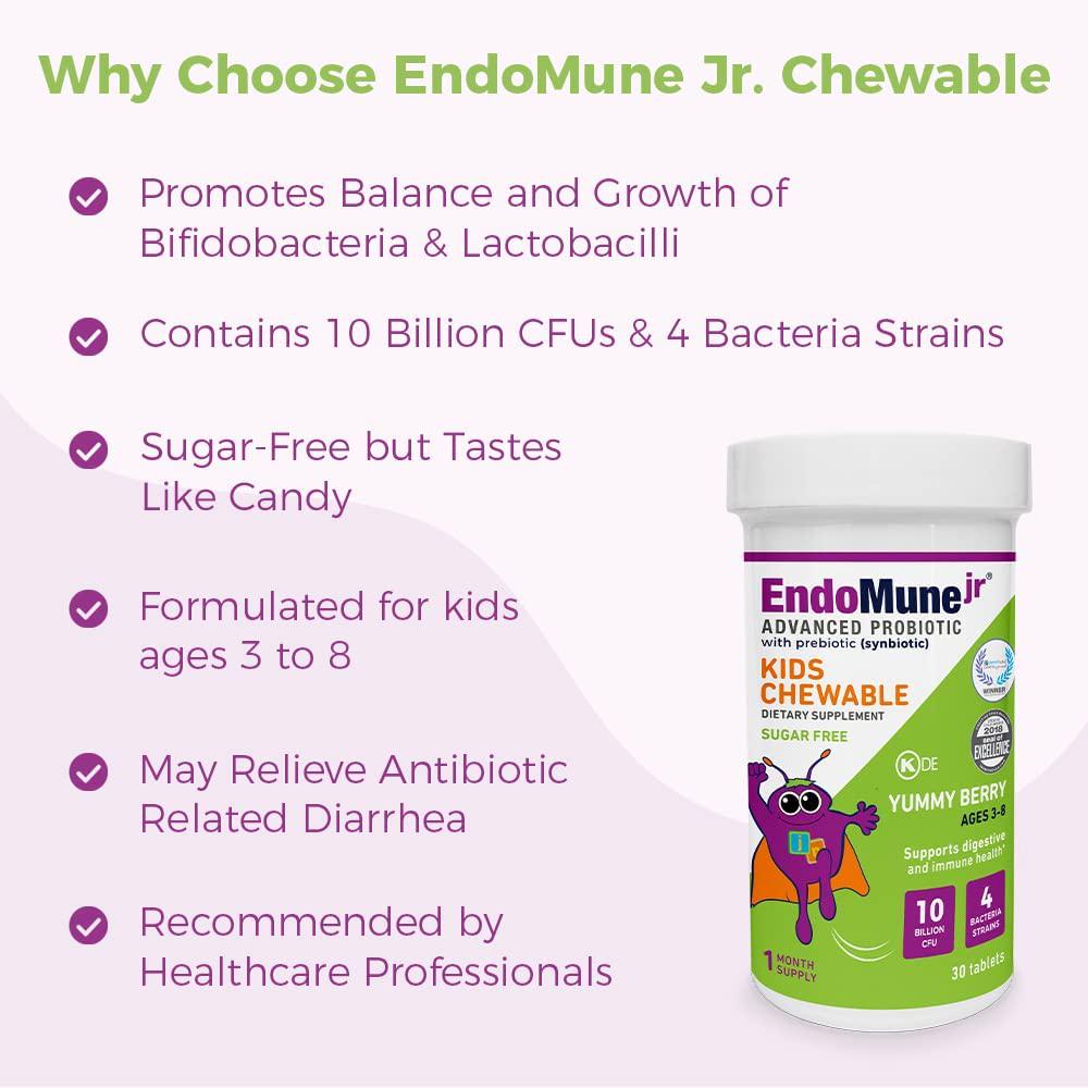 EndoMune Jr Advanced Kids Probiotic and Prebiotic | 10 Billion CFUs | 4 Strains Bacteria and FOS Prebiotic | Physician Formulated | 30 Chewable Tablets