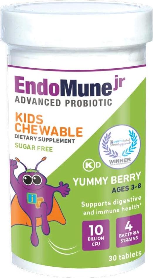 EndoMune Jr Advanced Kids Probiotic and Prebiotic | 10 Billion CFUs | 4 Strains Bacteria and FOS Prebiotic | Physician Formulated | 30 Chewable Tablets