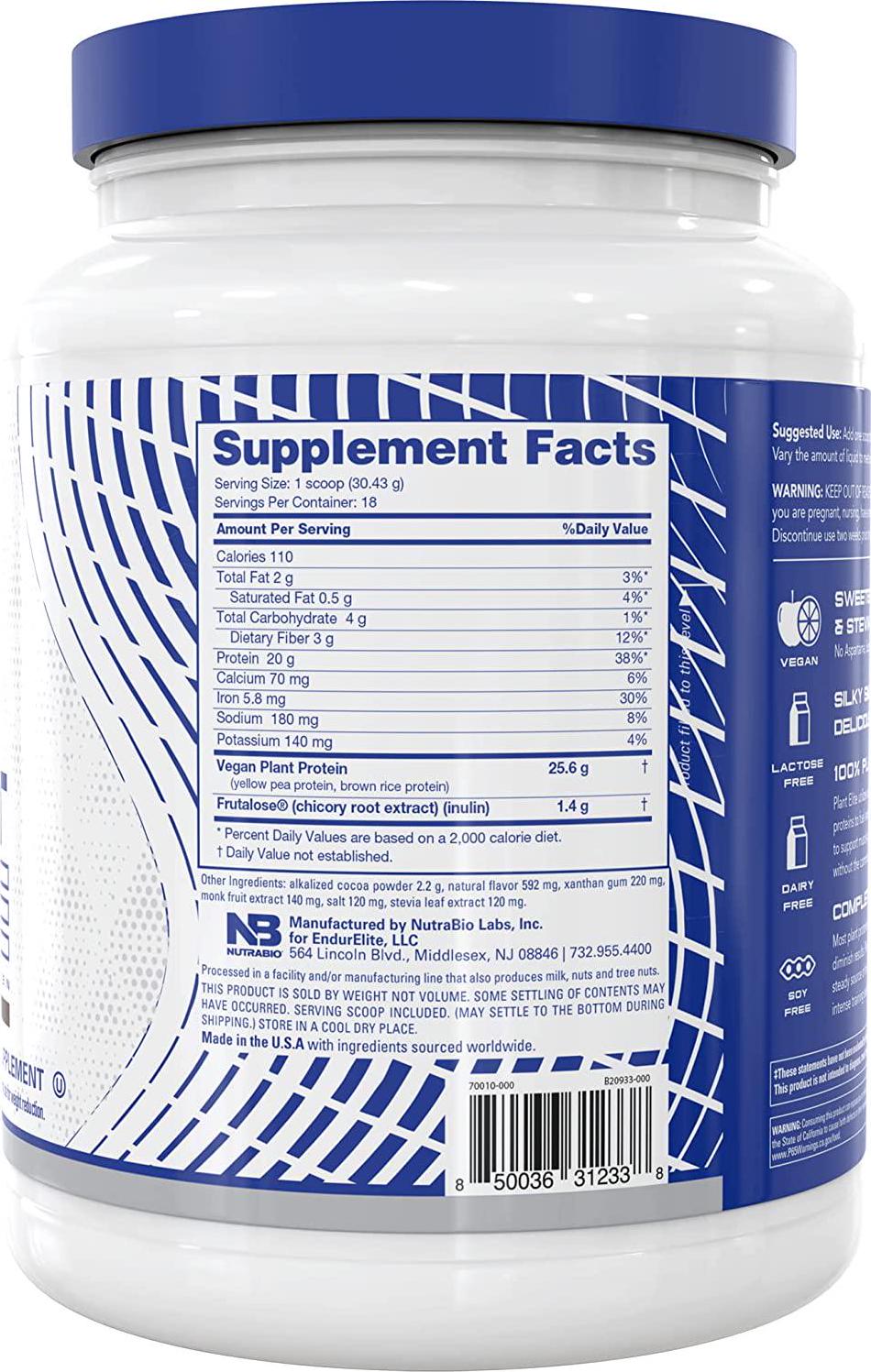 EndurElite Plant Elite Protein Powder - Yellow Pea and Brown Rice Protein Blend - Low Carb - Chocolate