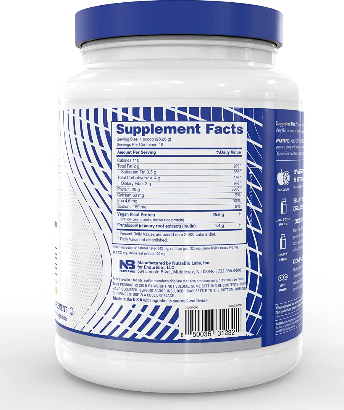 EndurElite Plant Elite Protein Powder - Yellow Pea and Brown Rice Protein Blend - Low Carb - Vanilla