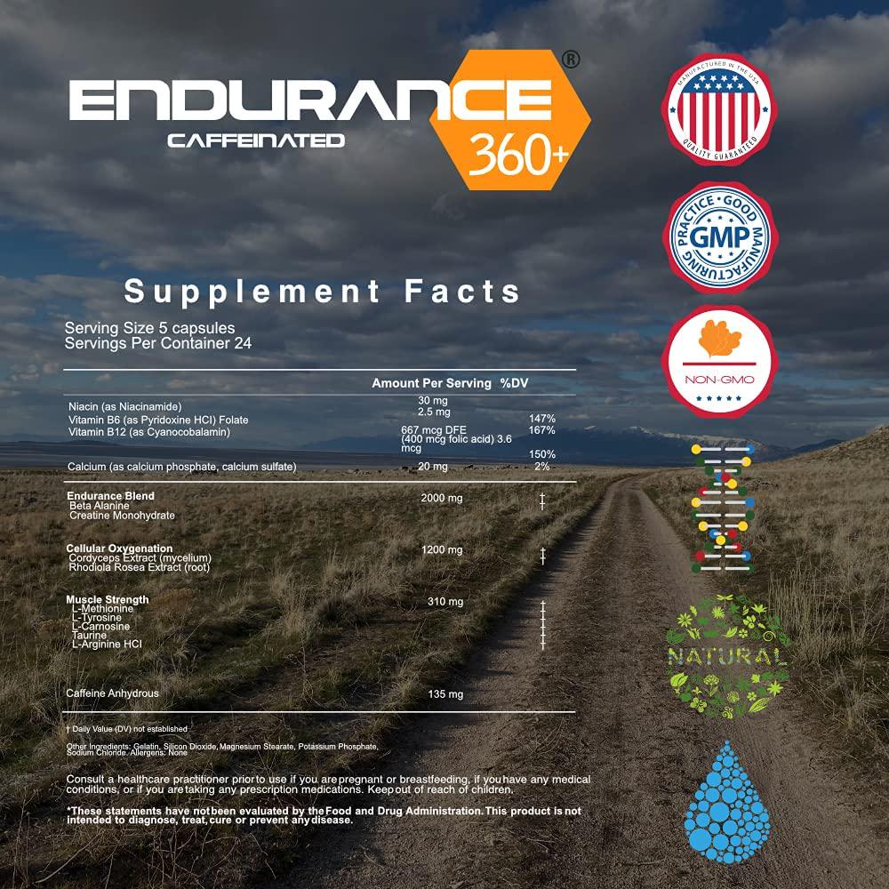 Endurance360 Caffeinated Sports Performance Supplement for Triathletes Runners Cyclists, VO2 Max, Smart Muscle Recovery, Aid Muscle Soreness, Muscular Endurance