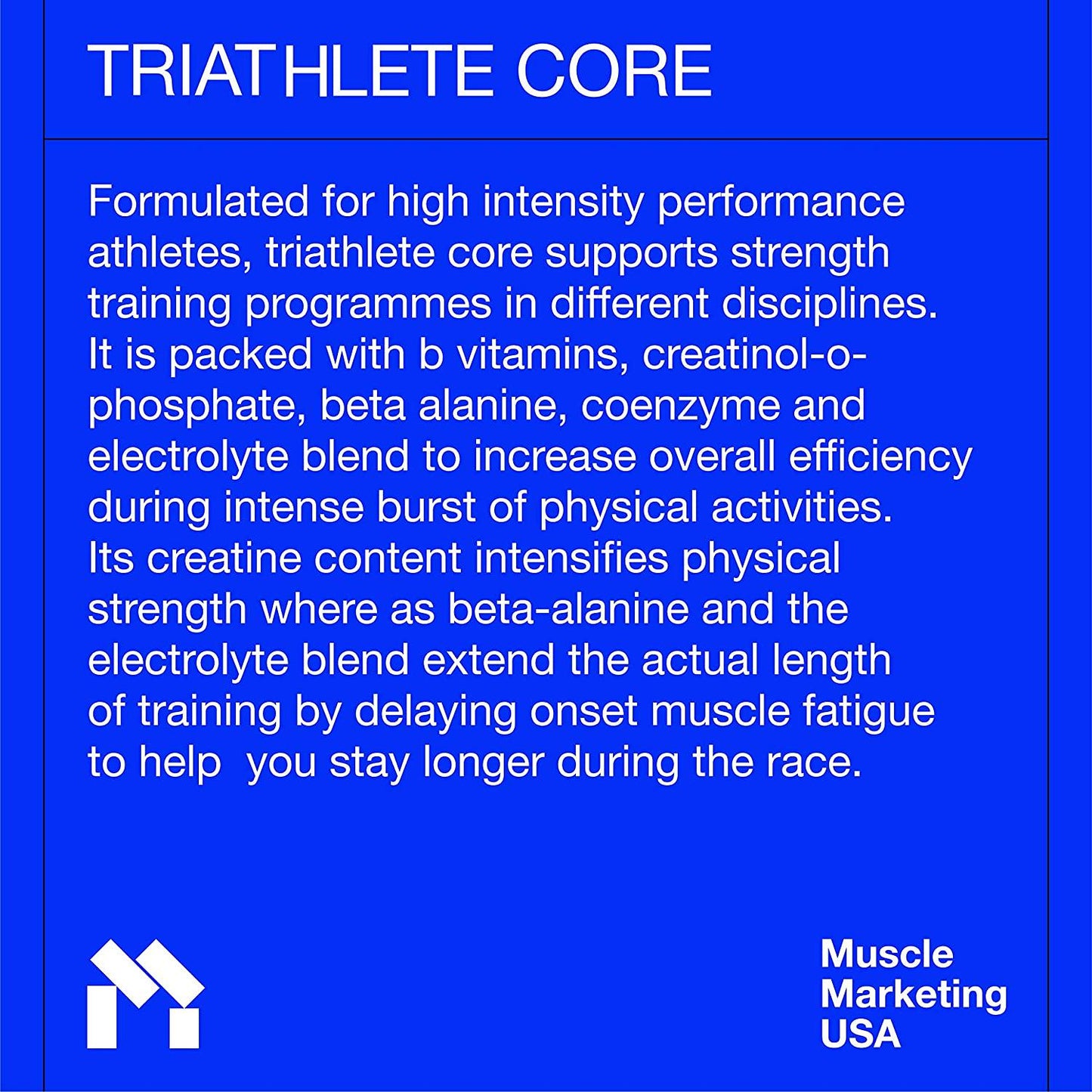Endurance Performance Enhancer, Triathlete by MMUSA, Builds Speed, Strength and Stamina. Accelerates Recovery, Builds Muscle Strength. Accelerates Glycogen Storage into fatigued Muscles.