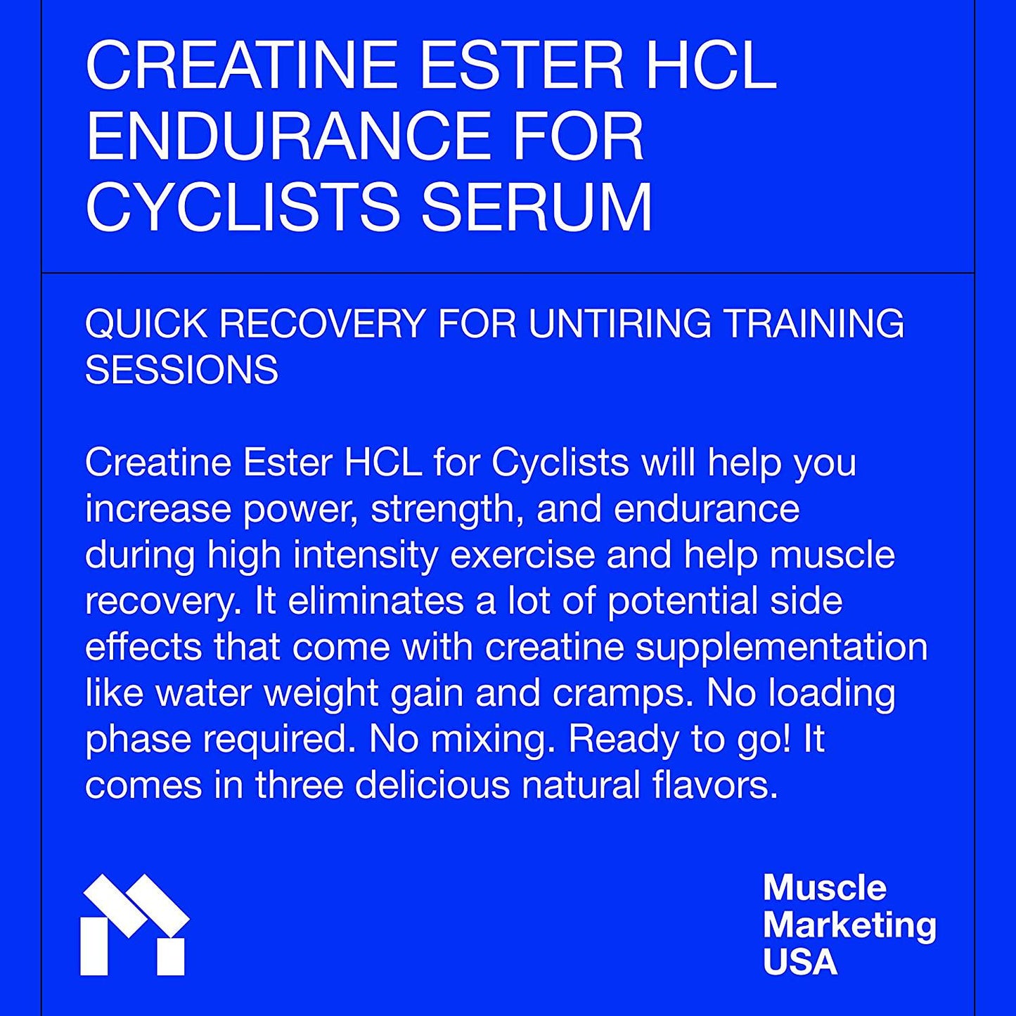 Endurance cycling serum by MMUSA, Improves Core Strength, Stable Creatine HCL, Defeats lactic acid, Energy, Endurance + Power. No water gains. Guarana, L-Carnitine, Rhodiola Rosea + Green tea.