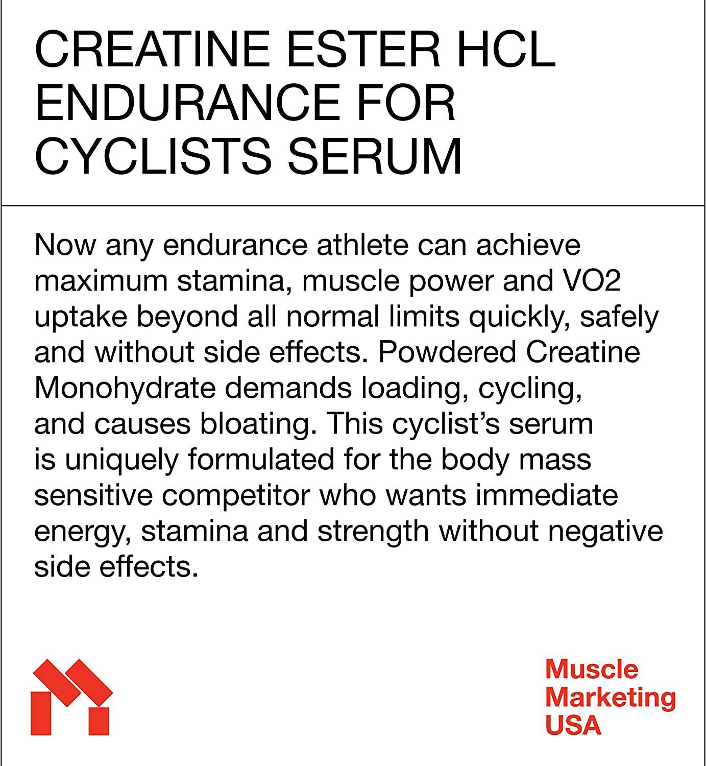 Endurance cycling serum by MMUSA, Improves Core Strength, Stable Creatine HCL, Defeats lactic acid, Energy, Endurance + Power. No water gains. Guarana, L-Carnitine, Rhodiola Rosea + Green tea.