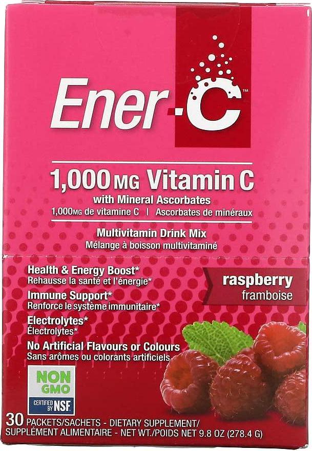 Ener-C Effervescent Multivitamin Non-GMO Gluten-Free Vegan Powdered Fruit Juice Drink Mix for Immune Support and Hydration with Electrolytes Raspberry Flavor 30 Packets