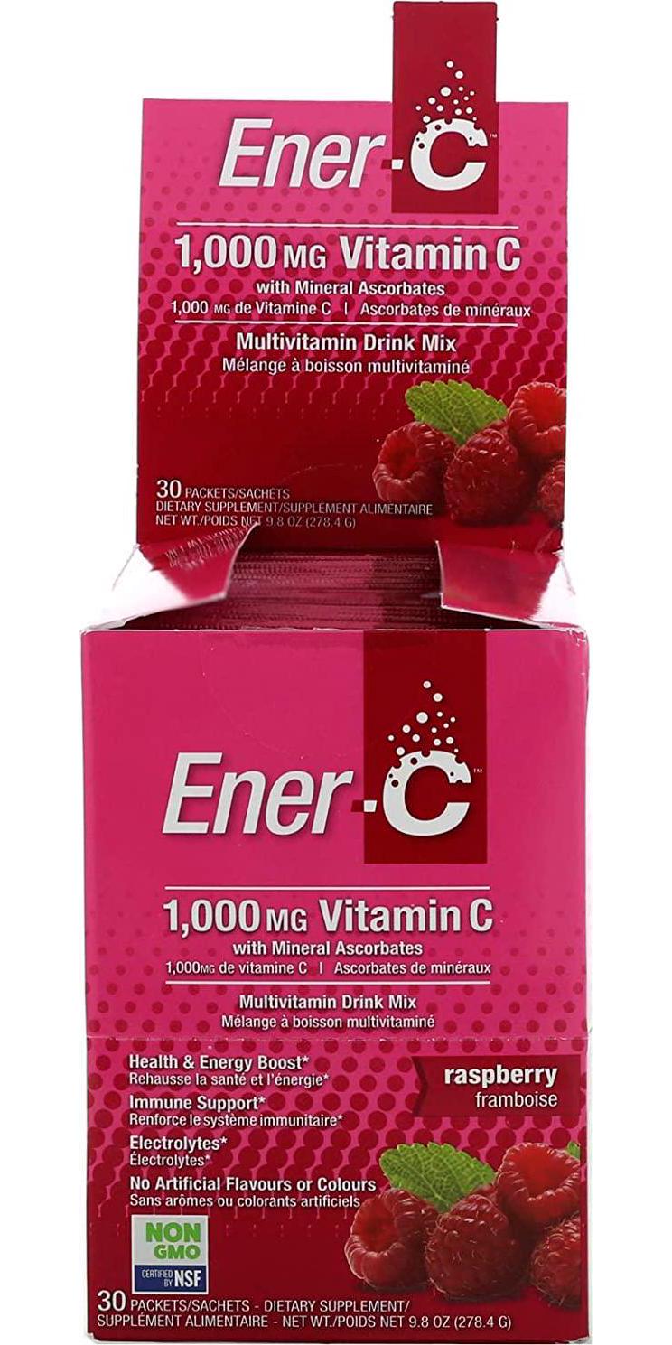 Ener-C Effervescent Multivitamin Non-GMO Gluten-Free Vegan Powdered Fruit Juice Drink Mix for Immune Support and Hydration with Electrolytes Raspberry Flavor 30 Packets