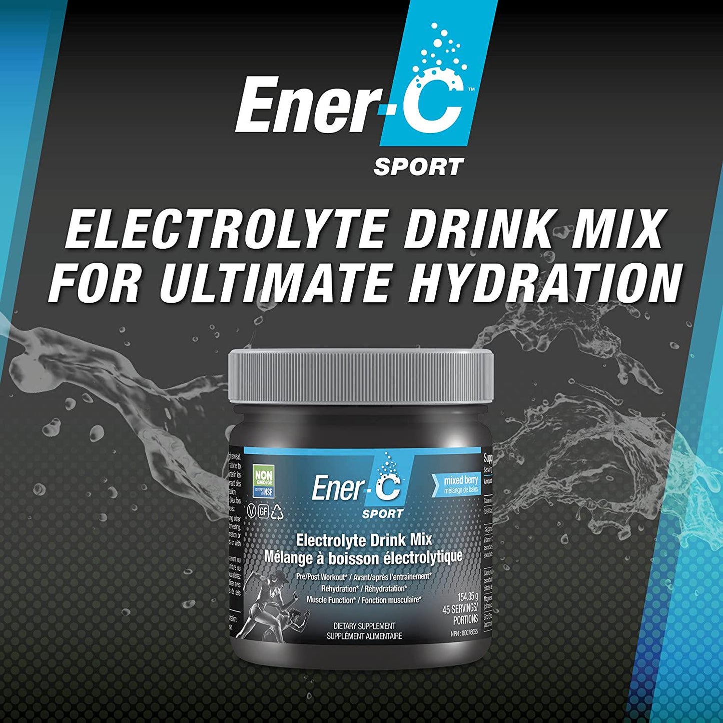 Ener-C Sport - Electrolyte Drink Mix Powder, Supports Muscle Function and Hydration, Low Sugar, Caffeine Free, Mixed Berry - 45 Serving Tub