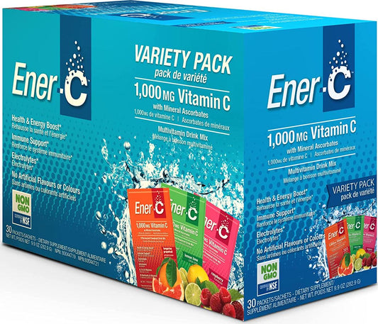 Ener-C Variety Pack Multivitamin Drink Mix, 1000mg Vitamin C, Non-GMO, Vegan, Real Fruit Juice Powders, Natural Immunity Support, Electrolytes, Gluten Free, 1-Pack of 30