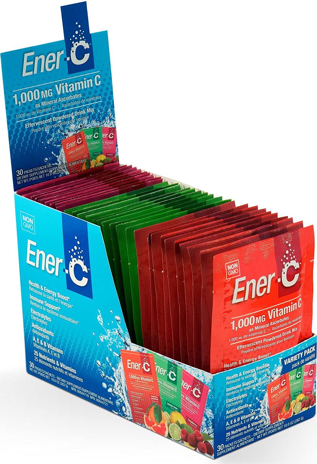 Ener-C - Vitamin C Immune Support, 1000mg Vitamin C Effervescent Multivitamin Drink Powder, Fruit Juice Vitamin C Drink Mix for Hydration with Electrolytes, Raspberry, 30 Packets