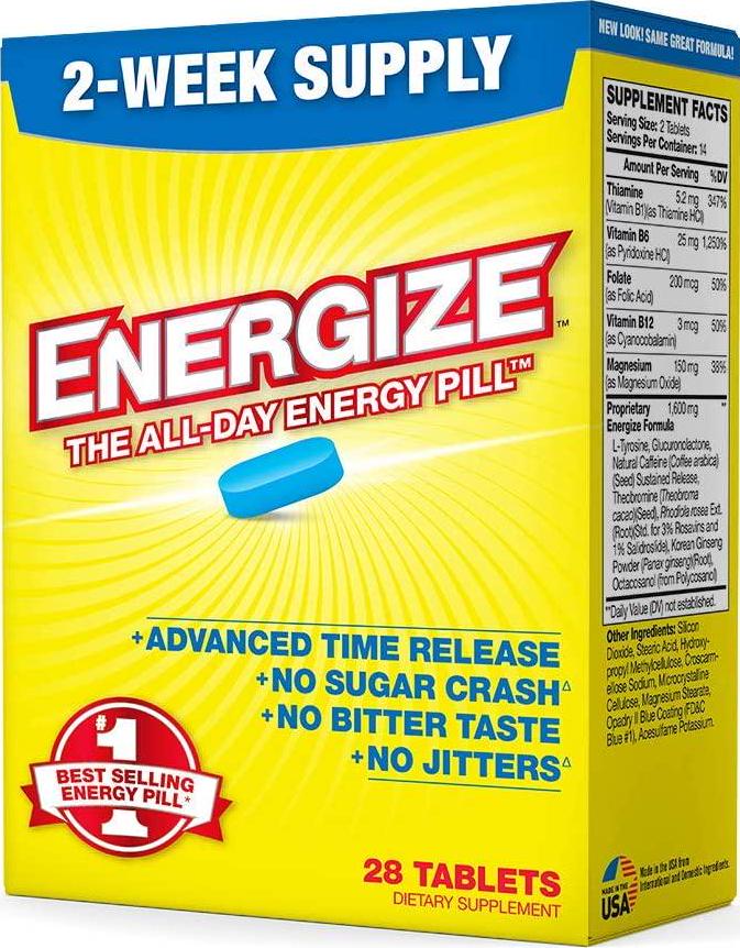 Energize Caffeine Pills - Fast Acting Energy Pill - Healthy Focus Brain Supplement - Improved Performance, Alertness, and Clarity - All Day Energy, No Jitters, No Crash - 28 Time Released Tablets