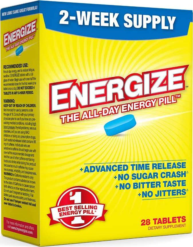 Energize Caffeine Pills - Fast Acting Energy Pill - Healthy Focus Brain Supplement - Improved Performance, Alertness, and Clarity - All Day Energy, No Jitters, No Crash - 28 Time Released Tablets