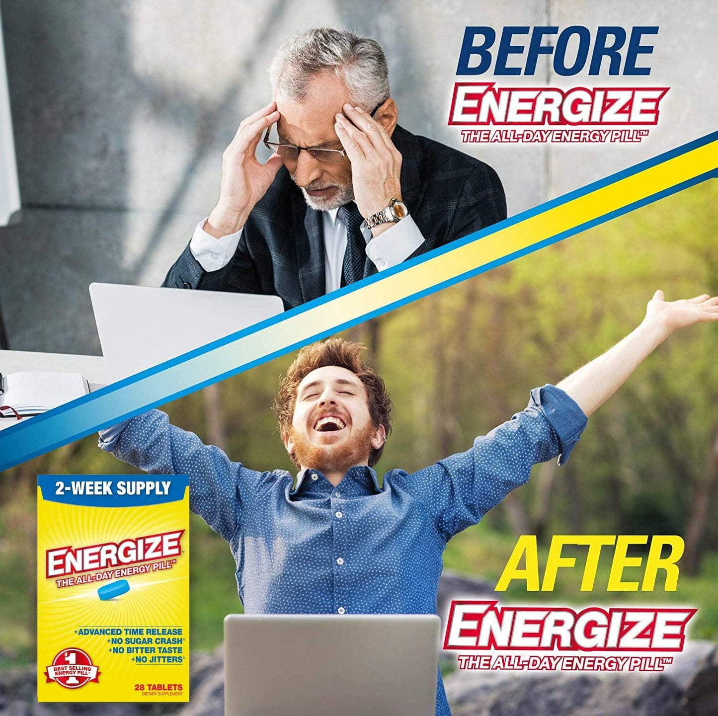 Energize Caffeine Pills - Fast Acting Energy Pill - Healthy Focus Brain Supplement - Improved Performance, Alertness, and Clarity - All Day Energy, No Jitters, No Crash - 28 Time Released Tablets