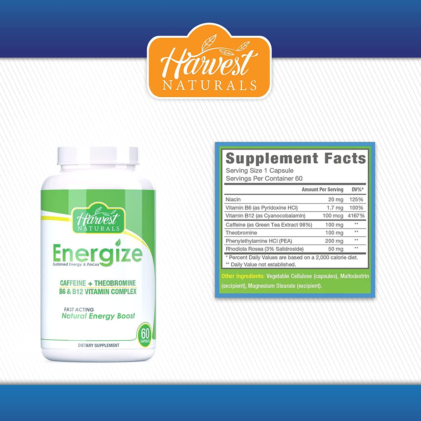 Energize Capsules - Sustained Energy and Focus - 60 Count - Harvest Naturals
