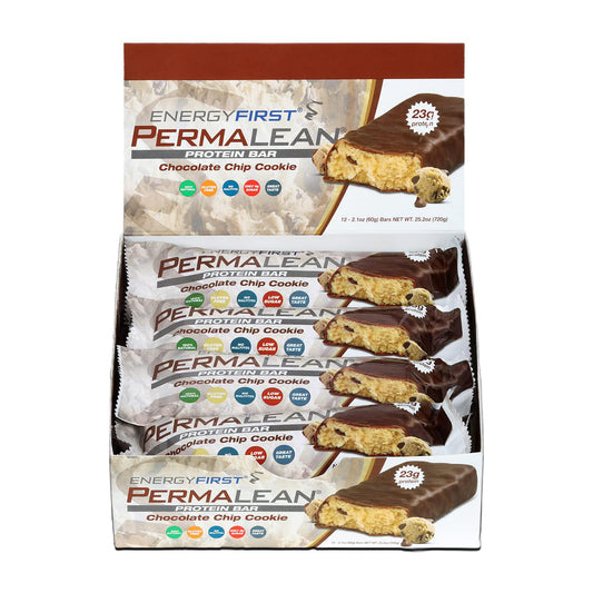 Energy First Permalean Protein Bar Chocolate Chip Cookie - 23g of Protein, Low Carb Sugar, Healthy Breakfast Bars and Nutrition Snack for Healthy Meal Replacement, Gluten Free Protein Bars, Pack of 12