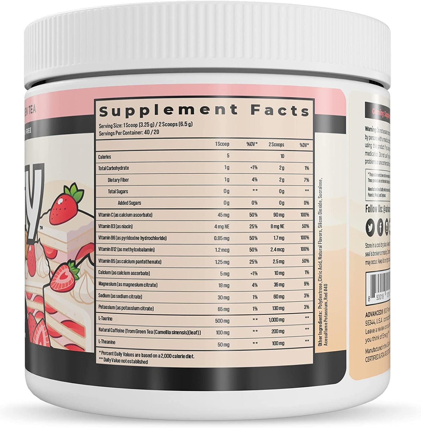Energy by ADVANCED - Energy Boosting Formula with Electrolytes for Hydration | L-Theanine to Combat Jitters | Sugar Free and Keto Friendly | No Maltodextrin (40 Servings) (Strawberry Shortcake)