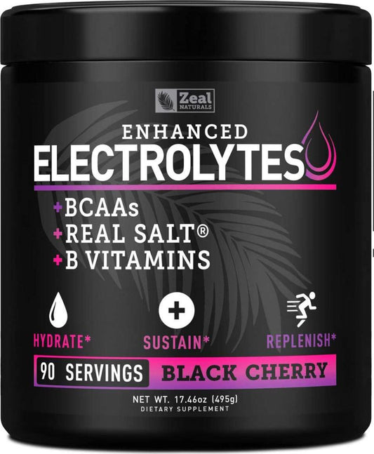 Enhanced Electrolyte Powder (Black Cherry| 90ct.) Sugar Free + BCAA, B-Vitamins and Real Salt - Keto Electrolytes Drinks, Hydration Powder w Potassium, Sodium, Zinc, Magnesium for Hydration and Recovery