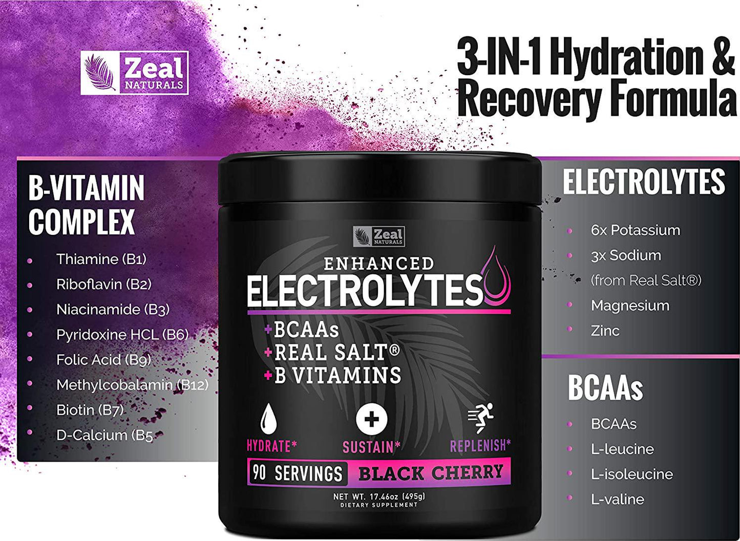 Enhanced Electrolyte Powder (Black Cherry| 90ct.) Sugar Free + BCAA, B-Vitamins and Real Salt - Keto Electrolytes Drinks, Hydration Powder w Potassium, Sodium, Zinc, Magnesium for Hydration and Recovery