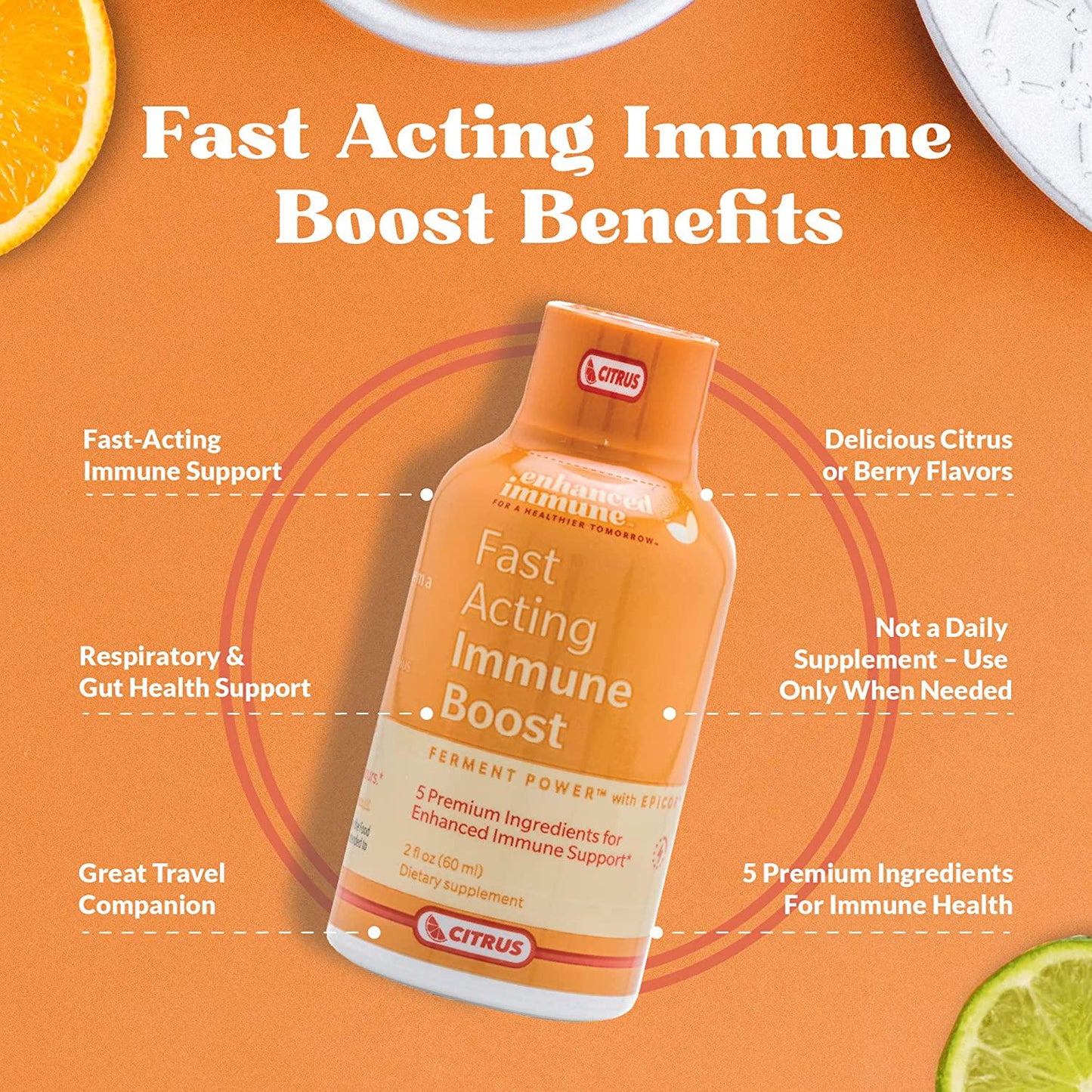 Enhanced Immune Fast Acting Immune Boost - Immunity Shots with Vitamin C and Zinc, Vitamin D, Vitamin B12 and EpiCor Powder - Instantly Supports Body s Natural Defense System - Citrus, 12 Pack