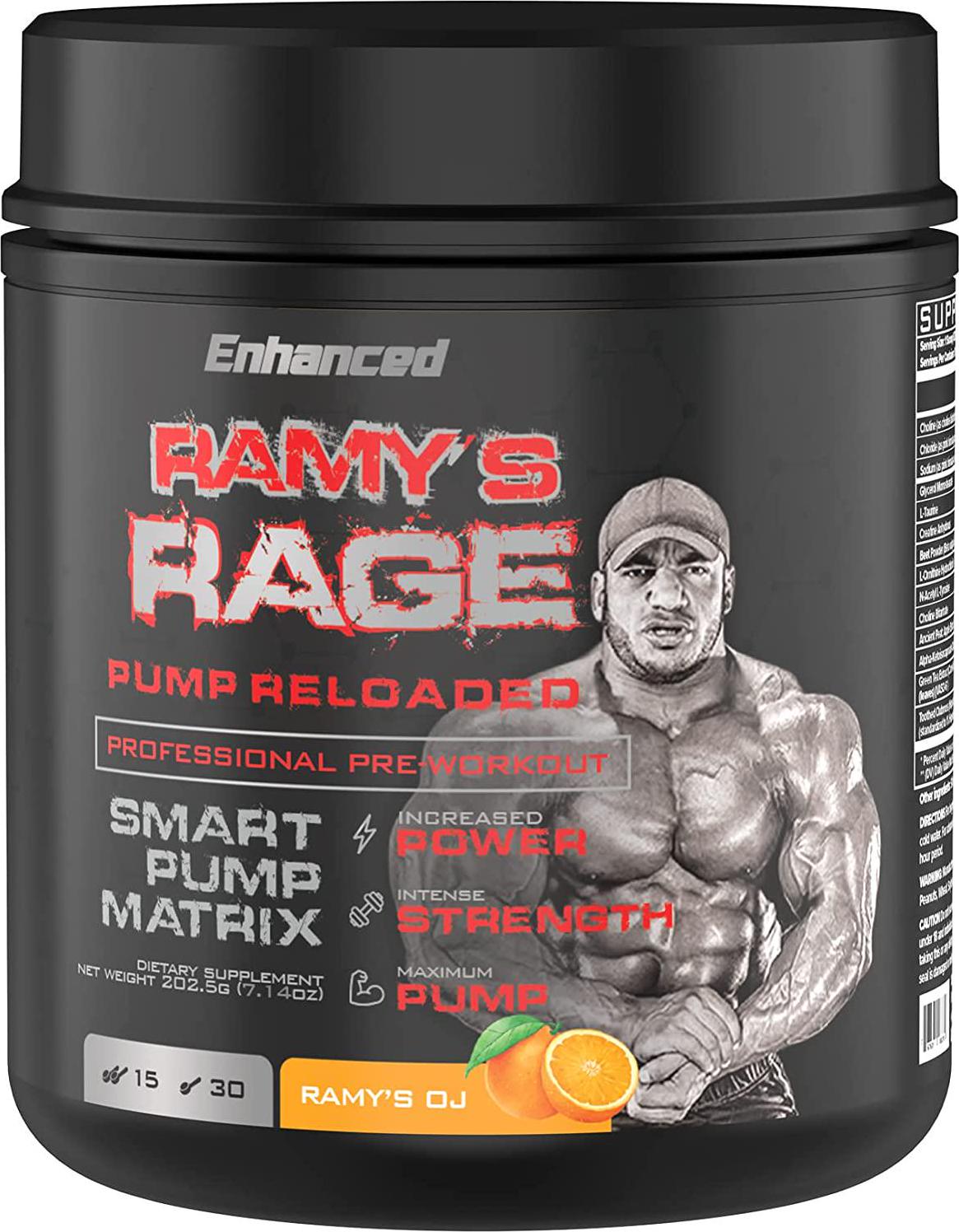 Enhanced Labs - Mr. Olympia 2020 Big Ramy s Rage Pump - Stimulant Free Pre Workout w/ Creatine to Increase Power, Maximize Pump, and Intensify Strength (30 Servings) (Orange Juice)