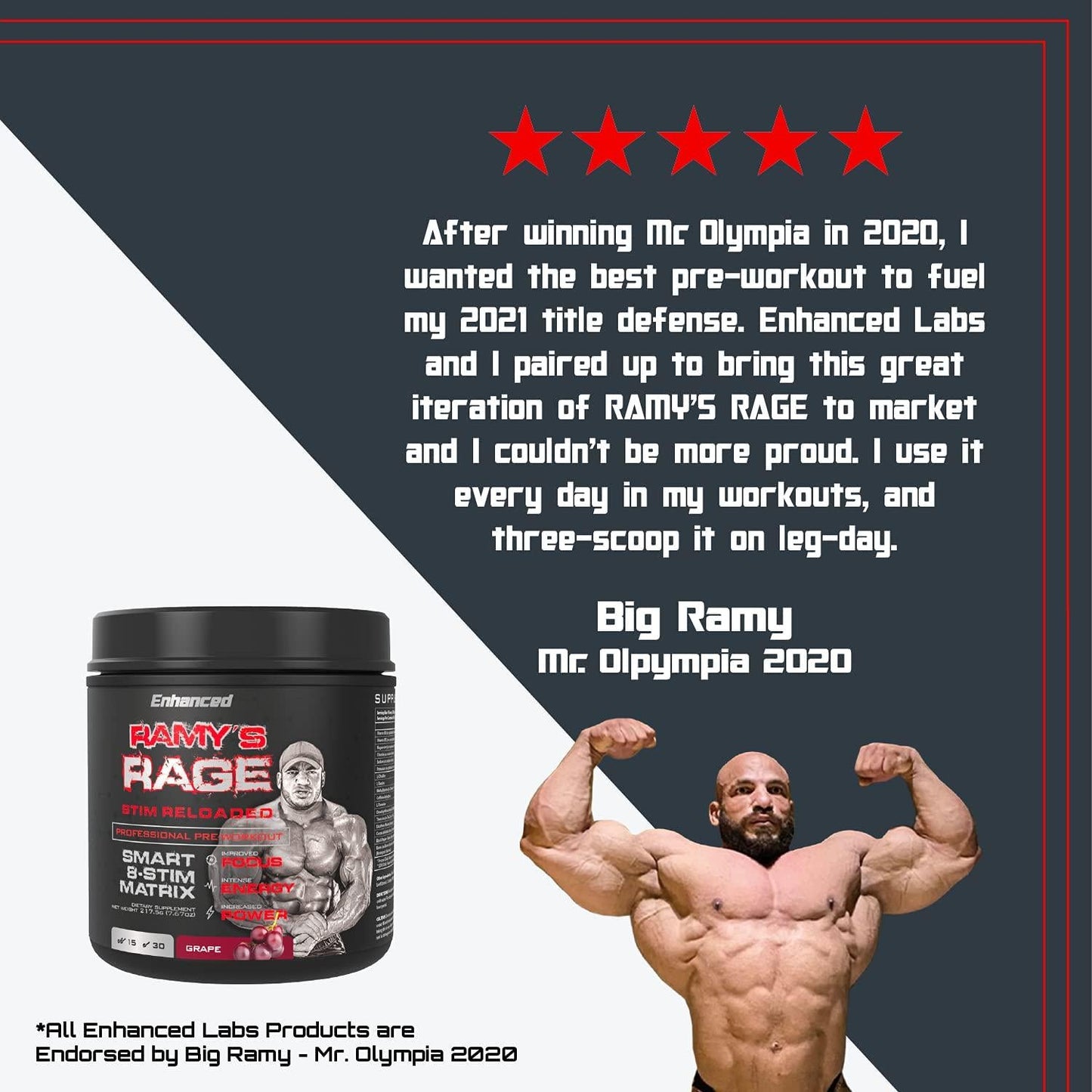 Enhanced Labs - Mr. Olympia 2020 Big Ramy s Rage STIM - Stimulating Pre Workout for Improved Focus, Intense Energy and Increased Power - 30 Servings - Blue Raspberry