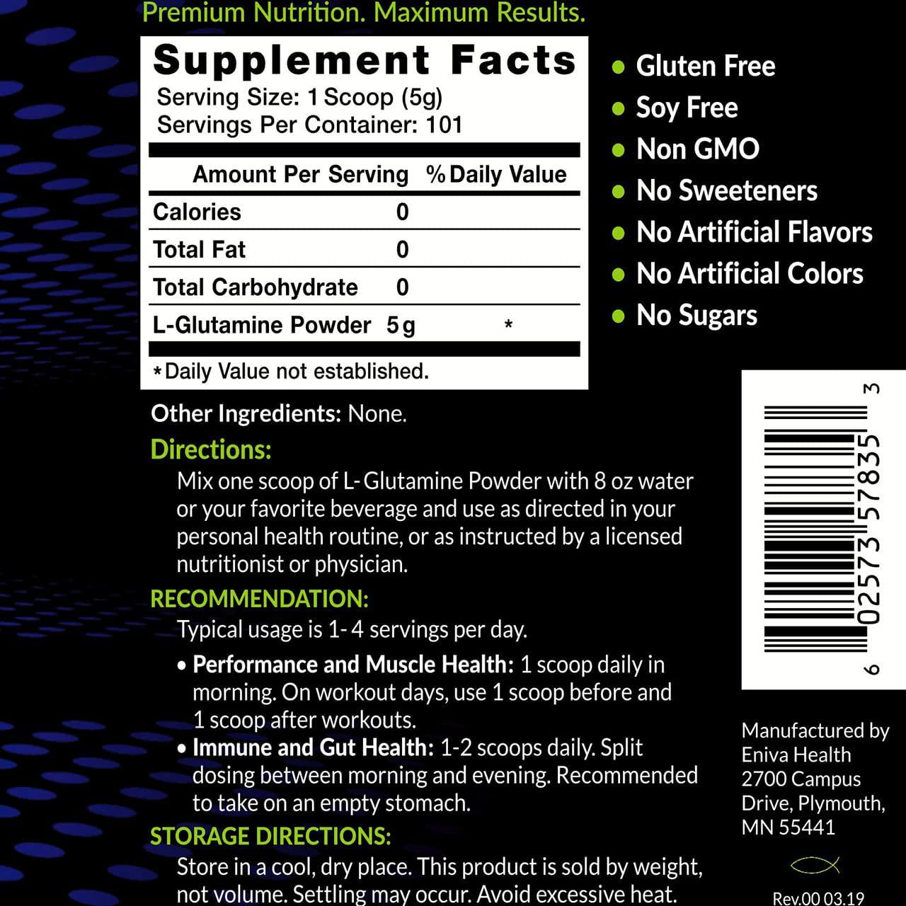 Eniva L-Glutamine Powder, 1.1-Pound, MAX Value 5000MG, 101 Servings. Micronized. Gluten Free. Non-GMO. Soy Free. Zero Sugar. Muscle Recovery, Immune Support and Amino Acid for Gut.