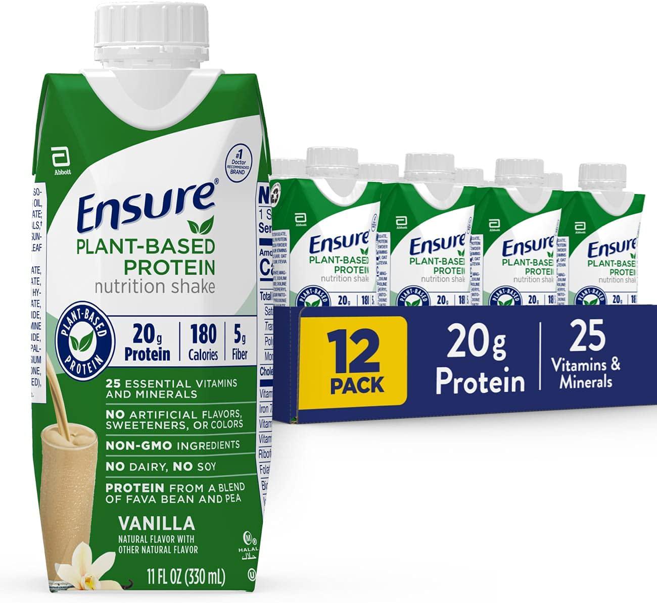 Ensure 100% Plant-Based Vegan Protein Nutrition Shakes with 20g Fava Bean and Pea Protein, Vanilla, 11 fl oz, 12 Count