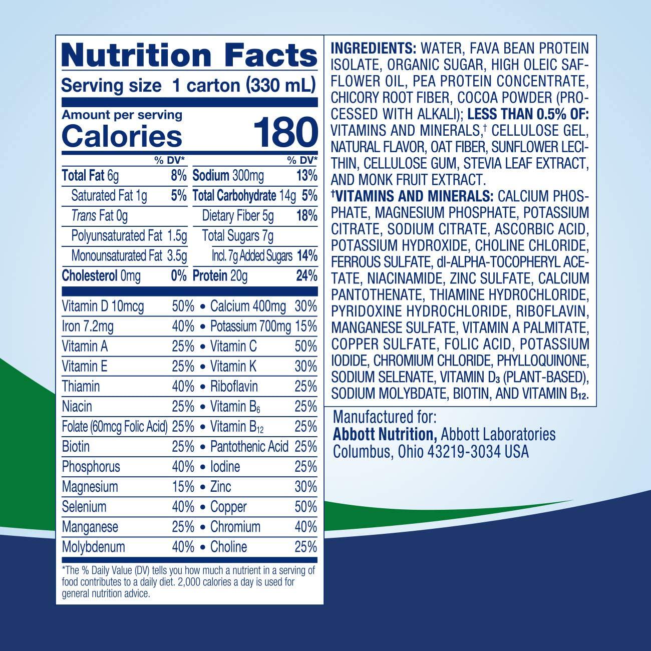 Ensure 100% Plant-Based Vegan Protein Nutrition Shakes with 20g Fava Bean and Pea Protein, Chocolate, 11 Fl Oz, 12 Count