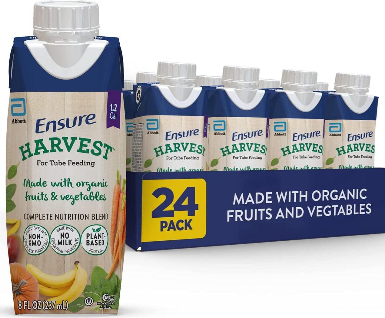 Ensure Harvest for Tube Feeding, Complete Nutrition Blend with Real Food Ingredients, Made with Organic Fruits and Vegetables, Plant-Based Protein, Reclosable Carton, Mixed Fruit, 8 Fl Oz, 24 Count