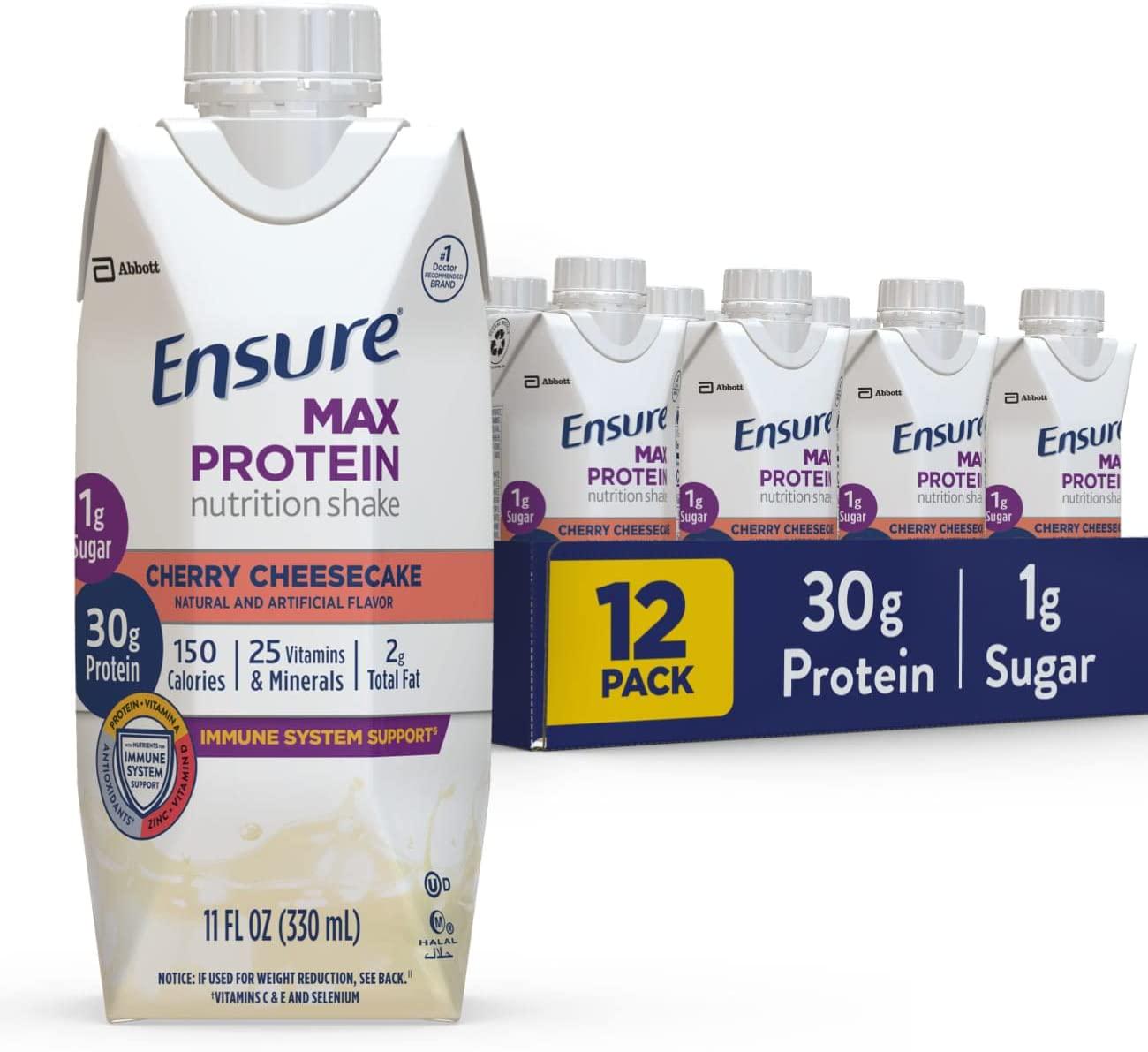 Ensure Max Protein Nutrition Shake, with 30g of Protein, 1g of Sugar, High Protein Shake, Cherry Cheesecake, 11 fl oz, 12 Count